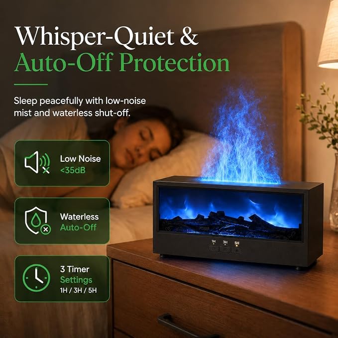 Fireplace Air Diffuser, Essential Oil Diffuser with 7-Color Flame Light, Ultrasonic Aroma Diffuser & Air Humidifier for Bedroom, Flame Diffuser with Remote Control Timer for Home Office Yoga(Black)