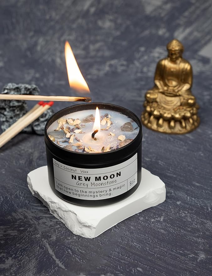 NEW Moon Handmade Candle, New Beginnings, Ritual Energy Gift, Intention De-Stress Good Fortune, Success Protection, Meditation, Moonstone, Soy Wax (8oz)