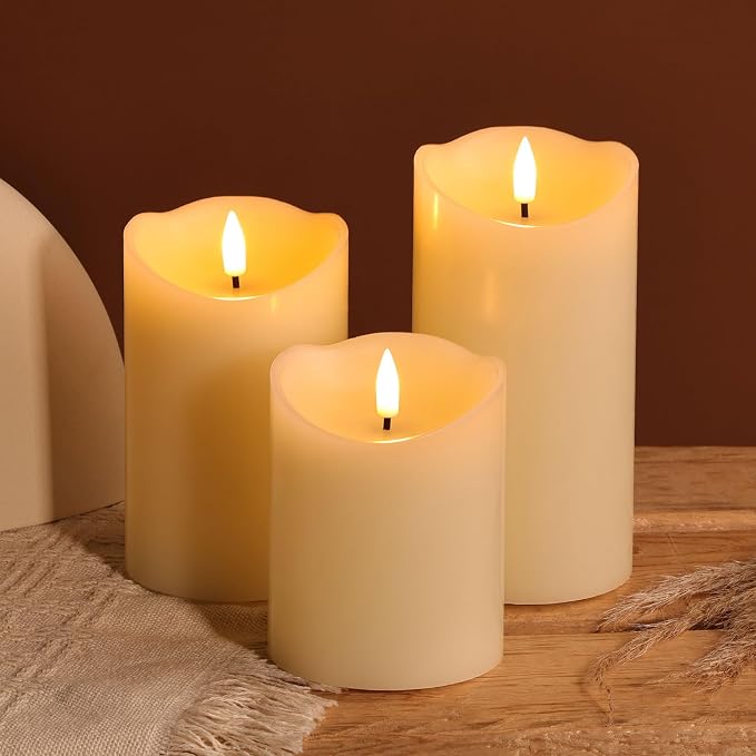 Ivory Flameless Pillar Candles with Remote, LED Candles Battery Operated, Real Wax Electric Candles Flickering Set of 3