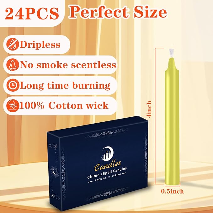 24 Pack Yellow Spell Chime Candles – Premium Mini Unscented Taper Candles for Rituals, Prayer, Birthdays, Meditation, Altar, Spells, Chime Candles - 4 Inch Tall - Ideal for Witches