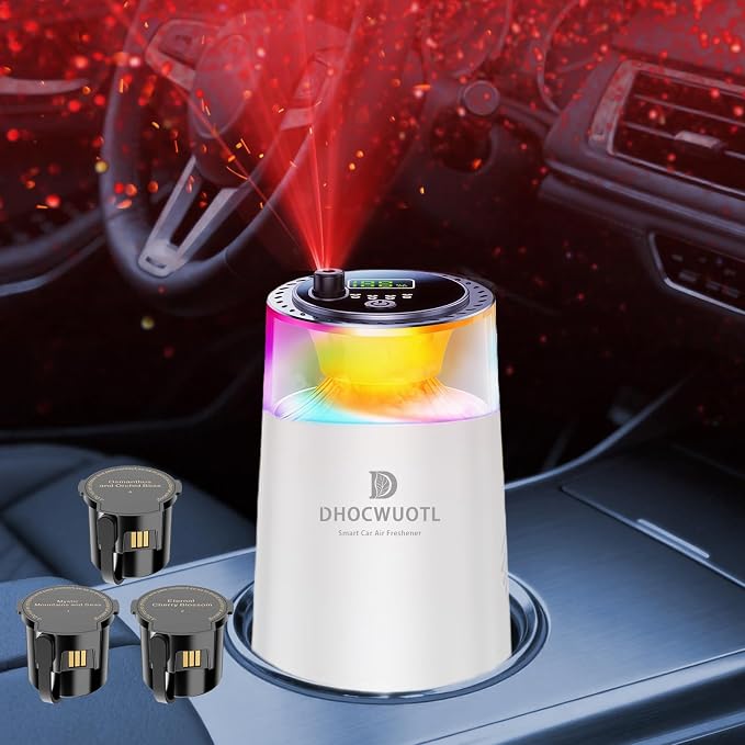 Smart Car Air Freshener with RGB Ambient Light & Starry Ceiling, Car Diffuser with Smart Spray Modes 4 Settings, 1600 Sprays USB-C Rechargeable, Auto On/Off, Built-in Battery, 3 Scents Refills (White)