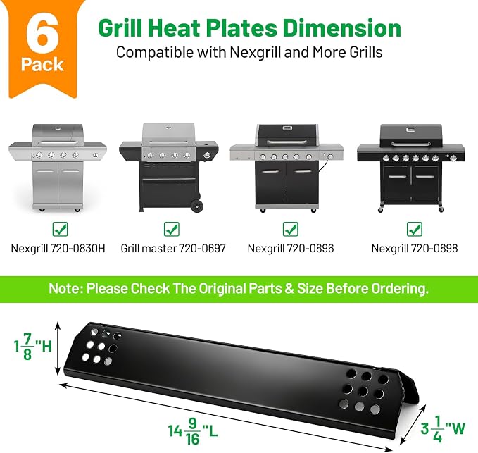 Gas Grill Heat Plates, 14.56" L Porcelain Grill Burner Covers Replacement Parts Accessories for Nexgrill, Grill Master, Heavy Duty Thick Heat Shields 6 Pack