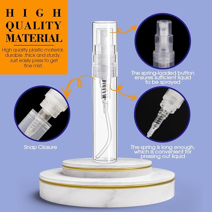 60PCS 5ml Mini Spray Bottle, Portable Clear Plastic Spray Bottle, Empty Fine Mist Refillable Perfume Atomizer, Small Sample Containers for Cleaning, Travel, Essential Oils