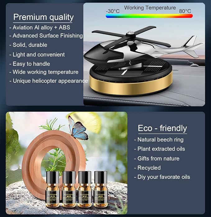 Al Alloy Helicopter Solar Air Freshener,Home&Car Interior Décor Model|Gold | Solar Rotating Diffuser for Car & Home. No Battery &Cable Needed. Premium Gold Al Alloy Freshens Air Naturally