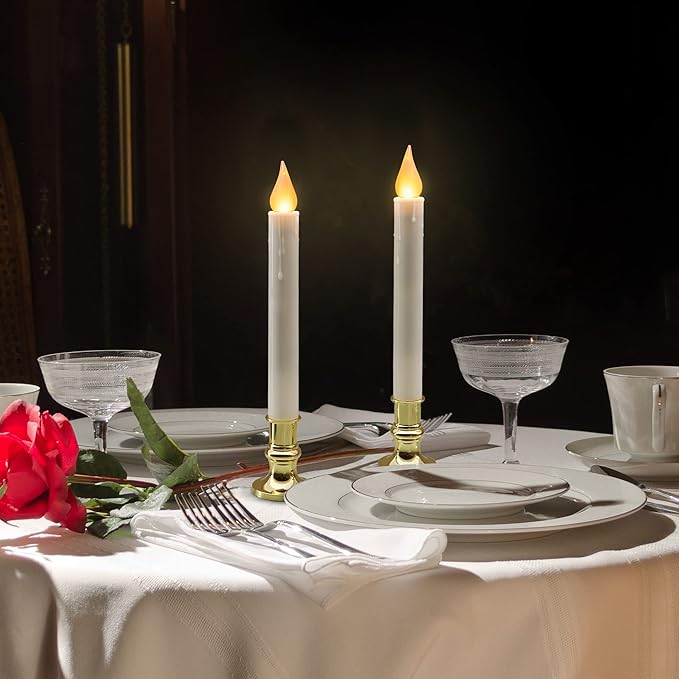 FURORA LIGHTING White Taper Candles with Gold Holders, Pack of 6-9.9" Flameless LED, 5/19 Auto Timer, Batteries Included - Wedding, Dinner & Home Decor