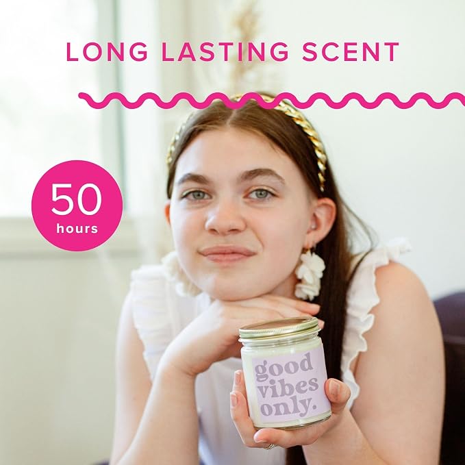 Austy Lou ‘Good Vibes Only’ Soy Candle – 9oz – Grapefruit Champagne Ginger Scent – Clean Burn, Handcrafted, Vegan, Fun Gift Idea