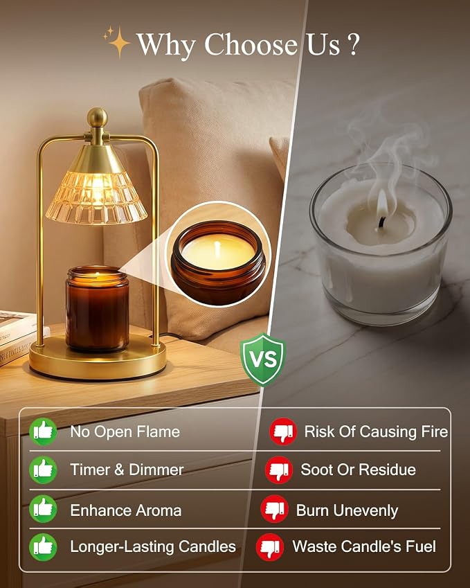 Candle Warmer Lamp with Timer Dimmer, Electric Wax Melt Warmer Lamp for Jar Candles Lights, Candle Lamp Warmer with 2 Bulbs, Birthday Gifts for Women, House Warming Gifts New Home Decor, Gold