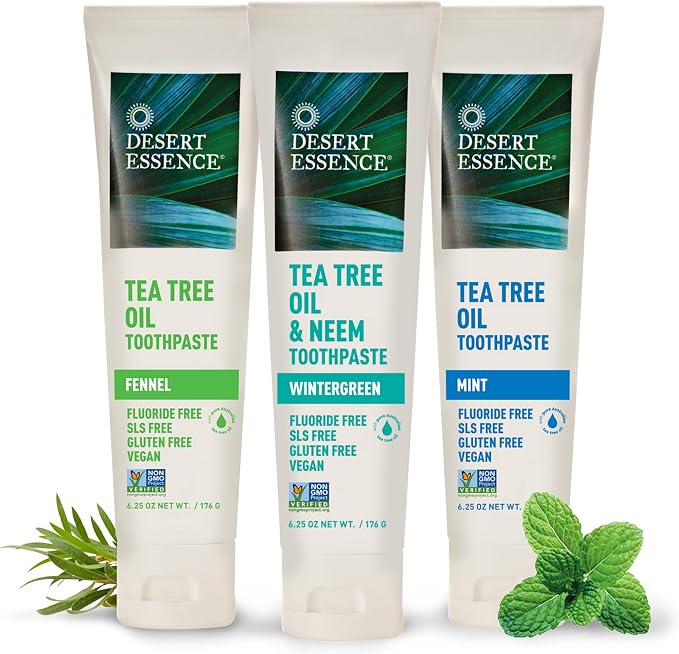 Desert Essence Tea Tree Oil Toothpaste - Mint - 6.25 Oz - Pack of 2 - Refreshing Taste - Deep Cleans Teeth & Gums - Helps Fight Plaque - Sea Salt - Pure Essential Oil - Baking Soda