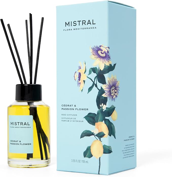 Mistral Cédrat & Passion Flower Reed Diffuser – Citrus & Passion Flower Scent Diffuser for Home, Office, Bathroom | 100% Oil-Based & Alcohol-Free, Long-Lasting, with Natural Reed Sticks (3.5 fl oz)