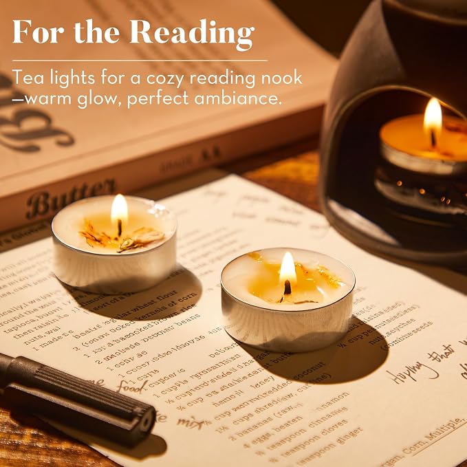 48 Pack Jasmine Tealight Candles, Petals-Infused with Real Jasmine Flowers, Natural Soy Wax 4-Hour Clean Burn, Smokeless for Relaxation, Wedding & Home Decor