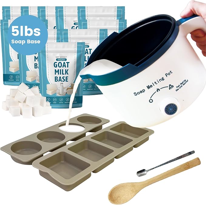 PIUH Goat Milk Soap Making Kit with Soap Melter and 5 Lbs Soap Base for Adults Begineers, SLS/SLES Free, No Palm Oil Soap Making Supplies Kit with Natural Goats Milk Soap Base for Starter