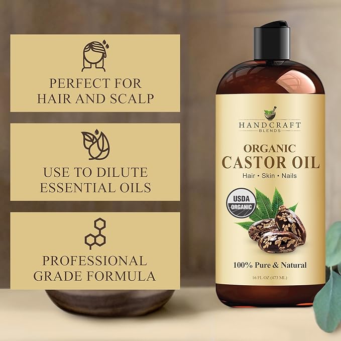 Handcraft Blends Organic Castor Oil 16 Fl Oz | 100% Pure and Natural | Premium Grade Carrier Oil | Hair, Eyelashes and Eyebrows | Hair and Body | Expeller-Pressed | Hexane-Free