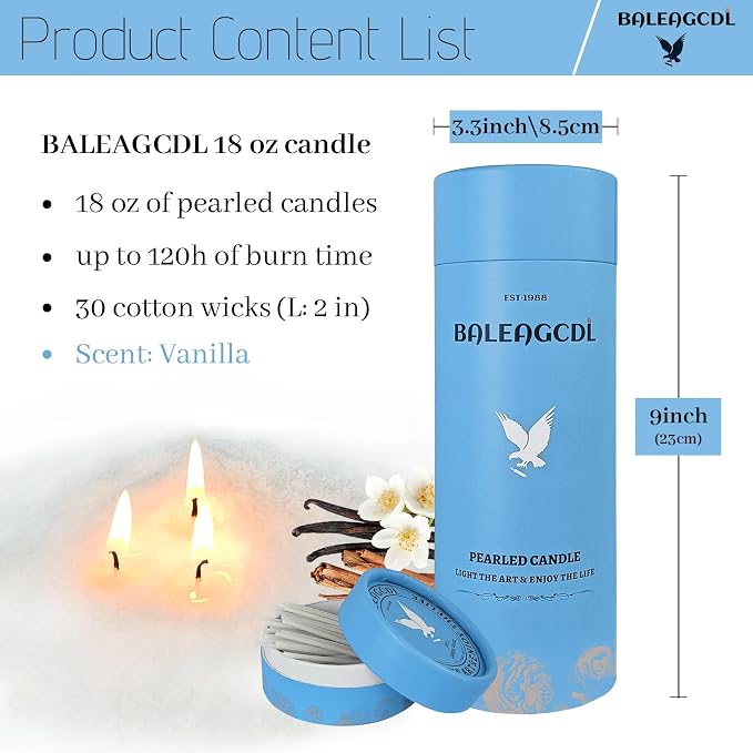 Vanilla Archive Pearled Candle 18 Oz with 30 Wicks - Vanilla Scented Sand Candles White Refillable Wax Lasts Up to 120 Hours Smooth and Clean Burning for Candle Making DIY