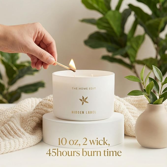Hidden Label Vanilla Jasmine Soy Candle, 10oz 2-Wick, 45H Clean Burn | Relaxing Aromatherapy | Sweet Warm Floral Layers | Even Melt, No Tunneling | Non-Toxic Phthalate-Free | Gift Boxed Minimalist