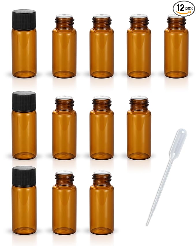 12 Pack Set Brown Screw Cap Glass Bottle Small Mini Empty Oil Amber Vial (10ml)