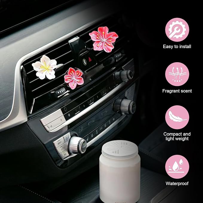 6 PCS Flower Car Air Vent Clips, 3D Stereo Peach Blossom & Cherry Blossom Decoration, A/C Straight Outlet Diffuser for Women & Girls, Interior Accessory for Most Cars (Multicolored)