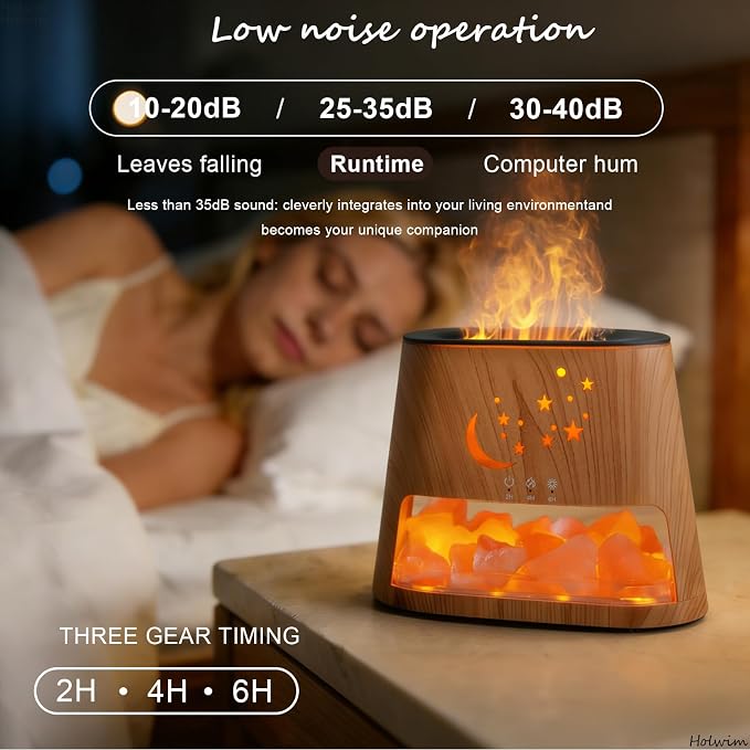 Flame Essential Oil Diffuser & Himalayan Salt Lamp: 260ml Aromatherapy Diffuser & Ultrasonic Cool Mist Humidifier with Himalayan Pink Salt Rock, Remote, 7-Color LED, 3 Timer (Moon Star + Wood Grain)