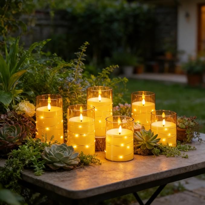 kakoya Flameless LED Candles with Timer 12 Pc Flickering Flameless Candles for Romantic Ambiance and Home Decoration Stable Acrylic Shell,with Embedded Star String，Battery Operated Candles(Gold)
