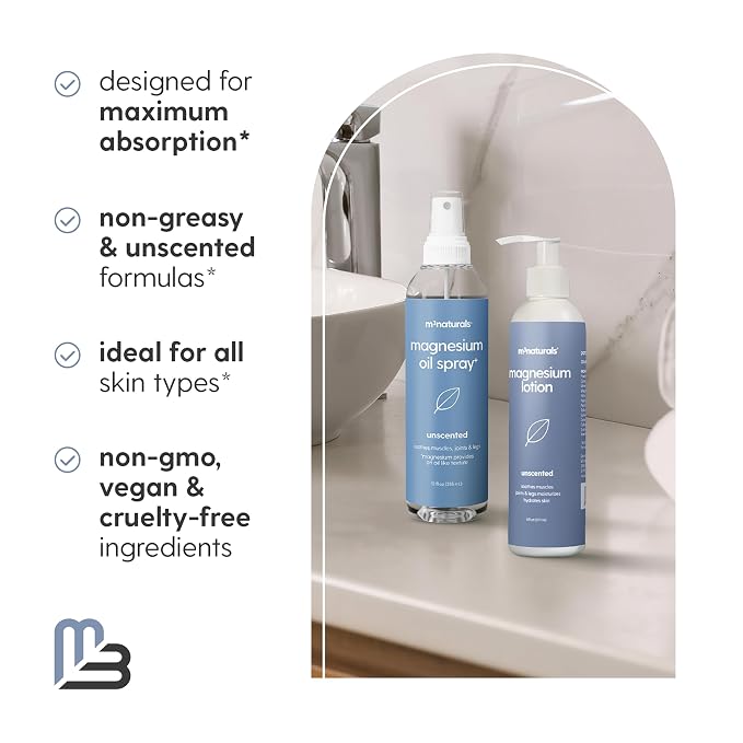 Unscented Magnesium Lotion & Spray for Sleep, Suitable for Sensitive Skin, Helps with Muscle Relaxation, Soothes Tired Legs & Foot Aches and Supports Restful Nights, 8 & 12 fl oz by M3