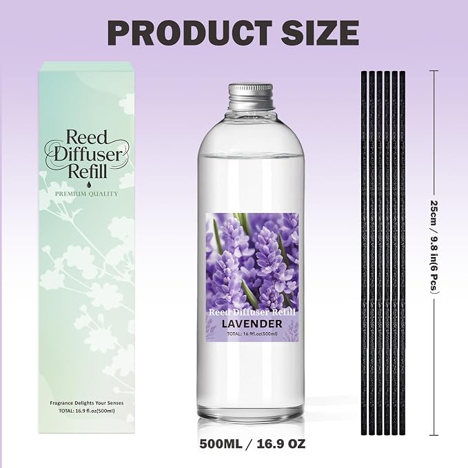 SCENTORINI Reed Diffuser Oil Refill, 16.9oz Lavender Scented Essential Oil with 6 Sticks, Long Lasting Summer Home Fragrance for Large Space Bathroom, Spa Room Aromatherapy, Hotel, Home & Office Decor