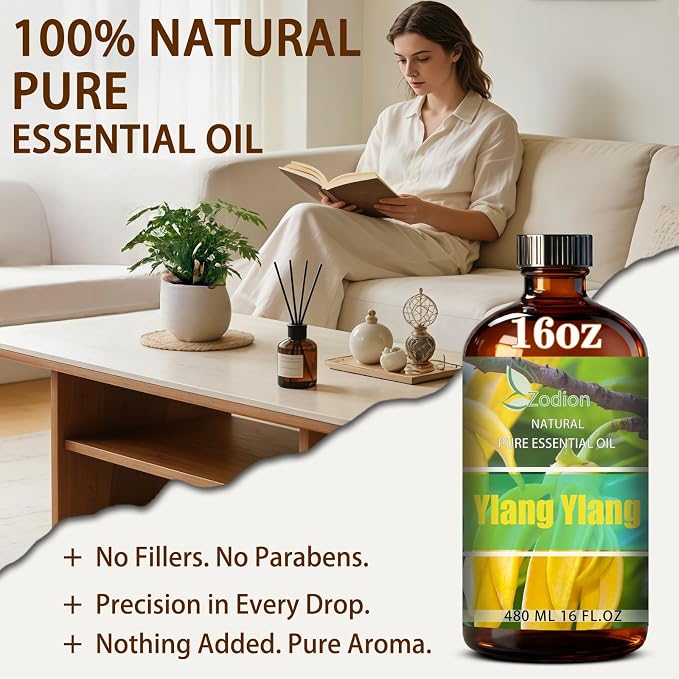 Ylang Ylang Essential Oil - Ylang Ylang Fragrance Oil for Diffuser, Massage, Humidifier, DIY Candle, Soap Making, Home, Bath, Yoga - 16 fl oz (480ml) - ZODION Essential Oils