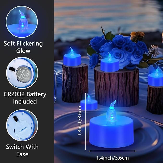Tea Lights Battery Operated Candles LED Tea Lights Flameless Candles 200+ Hours Flickering Fake Tealights for Sweetest Day Wedding Home Decorations Party (Blue Base, 24 Pack)