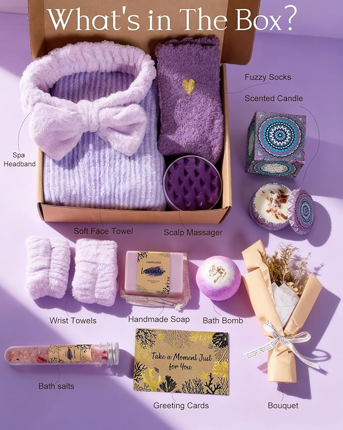 Lavender Spa Gift Baskets - Natural Pampering Spa Set, Self-Care Get Well Soon Thinking of You Basket,Thank You Gifts, Unique 11pcs Gift Set for Women Wife Mom Her Birthday