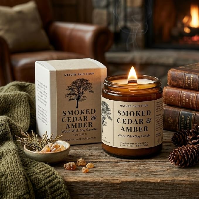 Nature Skin Shop Smoked Cedar Artisan Soy Candle Wood Wick Aromatherapy Home Fragrance Crackling Vegan 8 oz