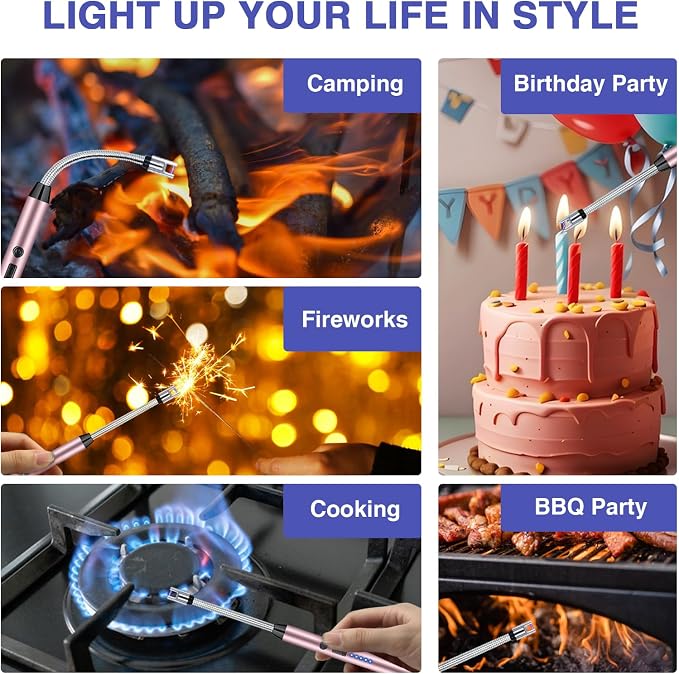 2 PCS Candle Lighter, Electric Lighter Arc Windproof Flameless with 360° Flexible Neck & LED Power Display, Lighters for Candle for BBQ, Grill, Camping, Fireplace, Stove(Pink)