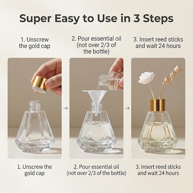 2 Pack 2oz Clear Reed Diffuser Bottles, Empty Refillable Diamond Style Glass Aromatherapy Bottles with Gold Caps & Inner Stoppers for Bathroom, Home & Office Fragrance DIY