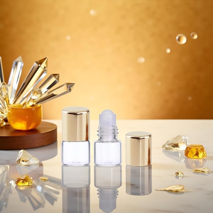 12Pcs Gold 1ml Glass Roller Bottles - Refillable Essential Oil Roll-On for Aromatherapy | Mini Travel-Size Sample Vials with Roller Balls,Aromatherapy Supplies, Essential Oil Accessories
