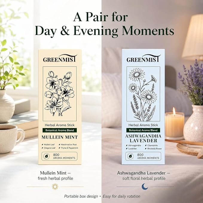 GreenMist Herbal Aroma Stick Combo Pack, Mullein Mint & Ashwagandha Lavender, Plant-Based Botanical Scent Accessory, Portable Silicone Stick, Yellow & Blue, 800 Aroma Moments Each, 2 Pack
