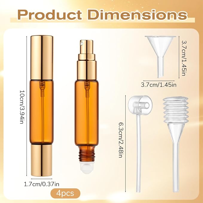 4 Pack Double Ended Perfume Bottle Travel Perfume Bottle Refillable with Spray and Roller Ball Essential Oil Roll on Bottles Perfume-Dispenser Transfer Tools Kit for Essential Oils, Makeup Remover