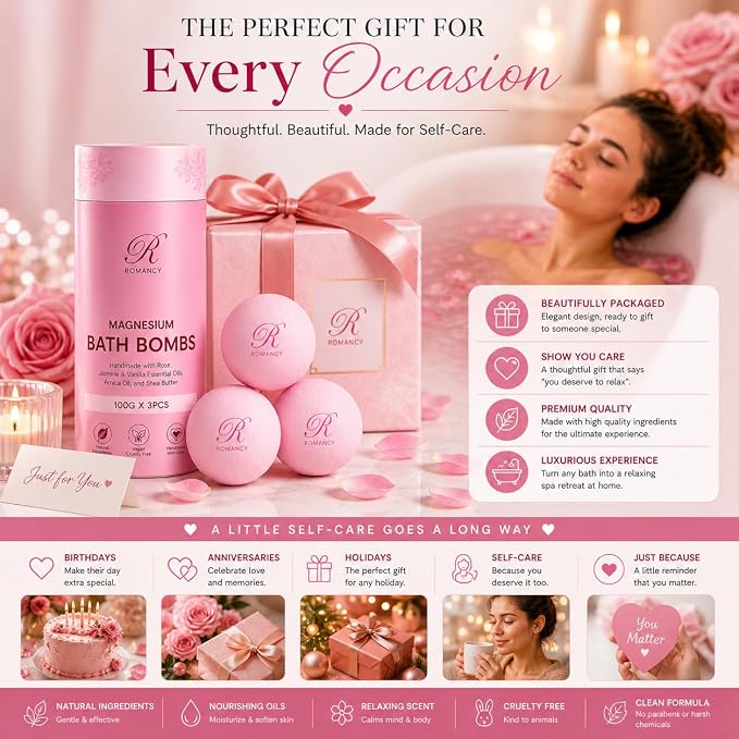 Magnesium Bath Bombs Rose Gift Set for Women & Men – Rose, Jasmine & Vanilla Essential Oils – Epsom Salt for Stress Relief, Muscle Recovery & Post-Workout Relaxation – Sleep Support Spa Self Care