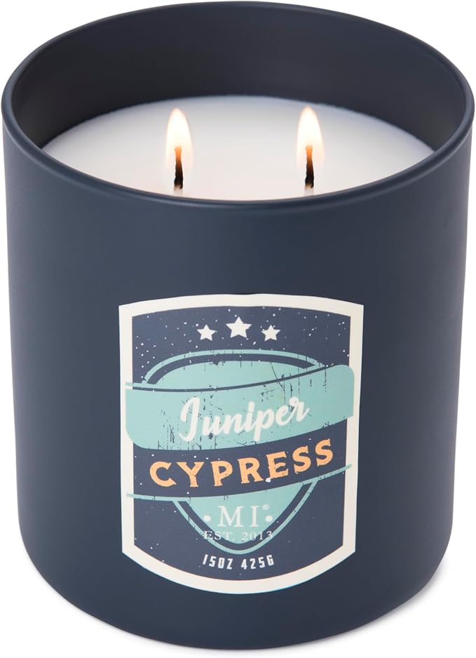 Manly Indulgence Juniper Cypress Scented Candles for Men, 2 Wick, 15 oz Premium Soy Blend Wax, 60H Burn, Candles for Home Scented – Made in The USA