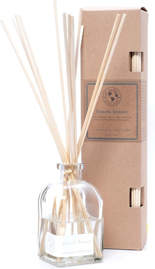 ECO CANDLE CO. Reed Diffuser Set, Beach House, 4 oz. - Scents of Melons & Ocean Air - Premium Phthalate Free Fragrance and Essential Oil Blends, Clear Glass, 12 Reed Sticks, Recycled Kraft Box