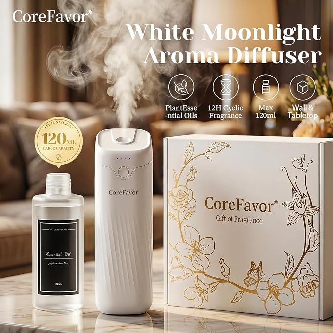 Waterless Essential Oil Diffuser (M60) with 120ml Oil, Portable Battery-Operated Cold Air Aroma Scent Machine, 4 Adjustable Intensity Levels, Quiet Diffuser for Bedroom Office Bathroom Car