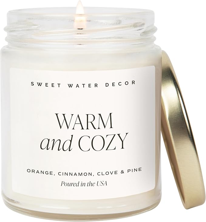Sweet Water Decor Warm and Cozy Candle - Orange Peel, Cinnamon, Ginger and Clove Soy Winter Scented Candles for Home - 9oz Clear Jar + Gold Lid, 40+ Hour Burn Time, Made in The USA