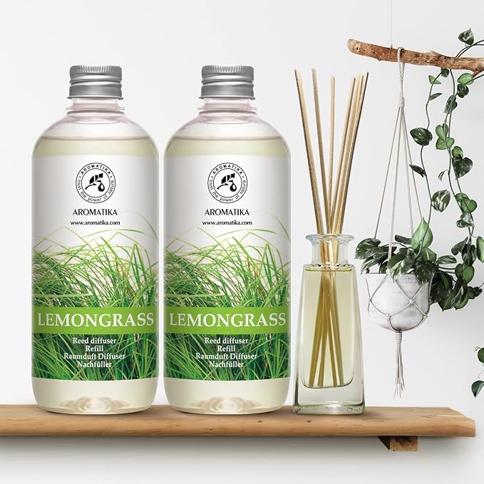 Lemongrass Diffuser Refill 34 Fl Oz (2x17 Fl Oz) - Fresh & Long Lasting Fragrance - Refill with Natural Essential Lemongrass Oil - for Aromatherapy - Spa - Home