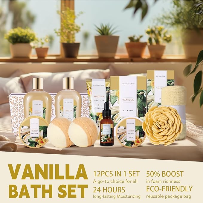 Spa Gift Baskets for Women, Luxetique Spa Kit for Women, 12pcs Vanilla Bath and Body Sets, Birthday Gifts, Self Care Gifts for Mom, Wife, Girlfriends