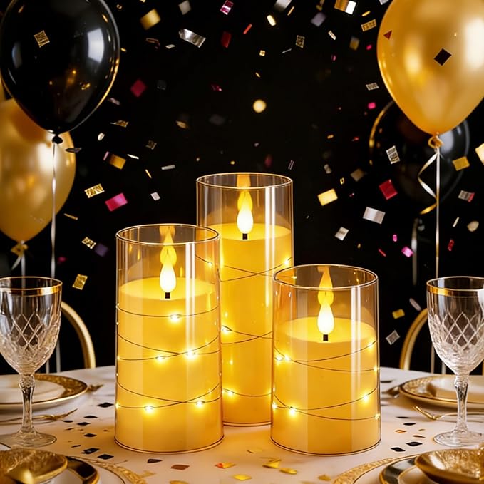 NURADA Flickering Flameless Candles: Built-in Star String Lights Acrylic Battery Operated LED Pillar Candles with Remote and Timer for Romantic Mood Home Decoration - 3 Pack Gold