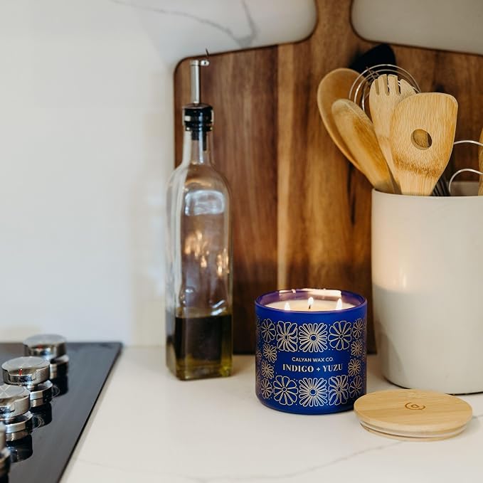 Calyan Wax Co. Indigo & Yuzu 3 Wick Scented Candle - 43 Hour Burn - Luxury 3 Wick Soy Candles - Clean Soy Wax Candles - Long Lasting Large Glass Jar Candle for Home - 14.9oz