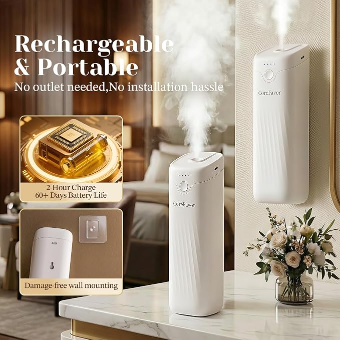 Waterless Essential Oil Diffuser (M60) with 2x120ml Oil, Portable Battery-Operated Cold Air Aroma Scent Machine, 4 Adjustable Intensity Levels, Quiet Diffuser for Bedroom Office Bathroom Car