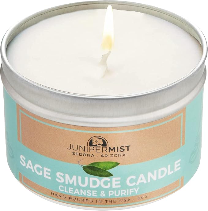 Sage Candle (6 Oz) - for Meditation & Cleansing Negative Energy - Made in USA with Soy Wax, Essential Oils, Real Sage - Smokeless Alternative to Smudge Sticks