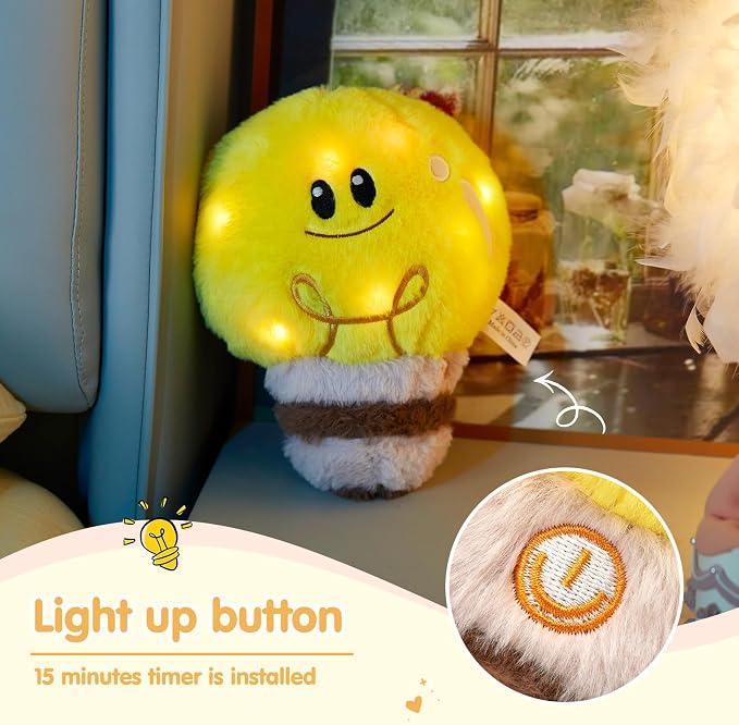 WEWILL 8'' Light up Light Bulb Stuffed Animal Cute Light Bulb Soft Plush Toy Birthday Christmas Holiday Weekend Gift for Toddler Kids, Boys, Girls