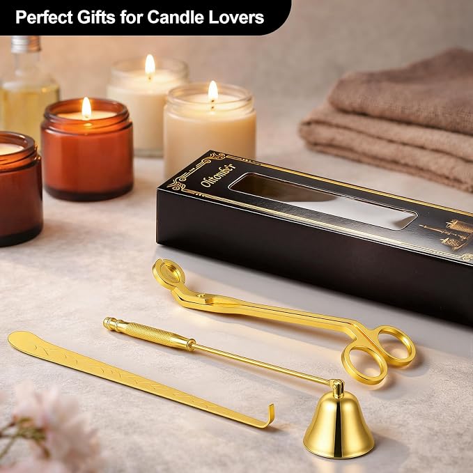 Ohtomber 3 in 1 Stainless Steel Candle Accessory Set, Wick Trimmer Cutter, Snuffer Extinguisher & Dipper, Wick Scissor Clipper Care Kit, Put Out Tool with Gift Package for Candle Lover, Gold