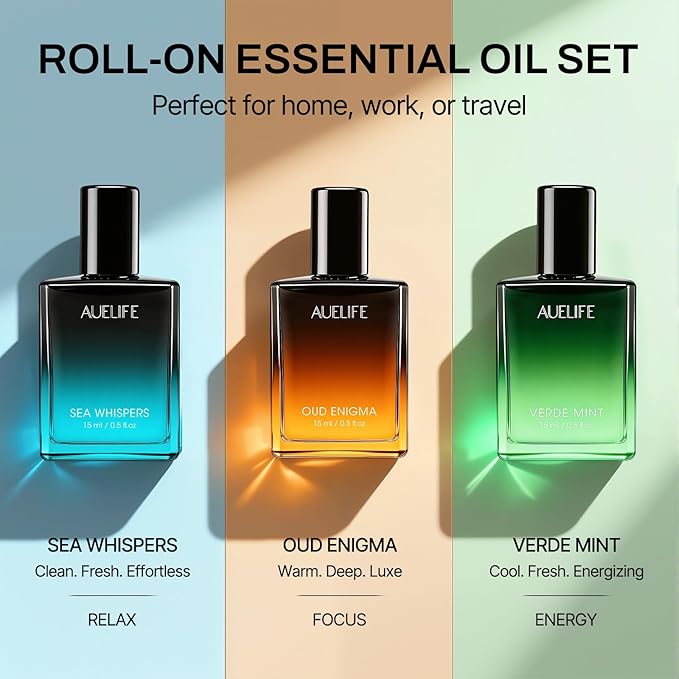 3 x 15ml Essential Oil Roll-On Set, Self Care Relaxing Aromatherapy Gifts for Men, Portable Travel Essential Oils Roller Set for Father's Day & Birthday Gift, Roll Oil for Skin(Relax, Calm, Refresh)
