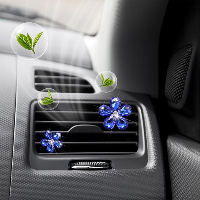 Bling Daisy Flower Car Air Vent Clips, 5PCS Sparkling Crystal Rhinestone Cute Vehicle Air Conditioning Clamp, Diamond Auto Air Outlet Clip Decor for Women Girls (Blue)