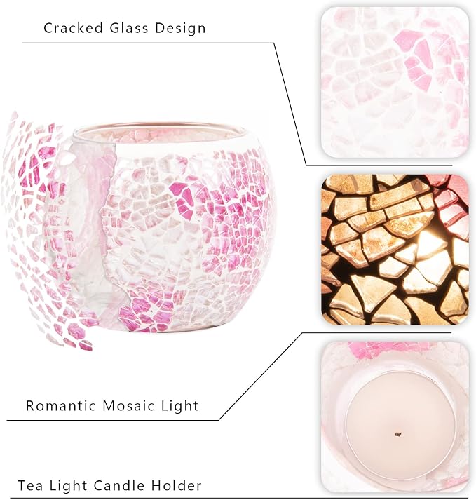 Rancco Glass Votive Candle Holder for Tealight, Romantic Mosaic Cracked Candle Holder, Candle Lamp Aromatherapy Candlescape Bowl for Valentine's Thanksgiving, Christmas Table Centerpiece, Party Decor