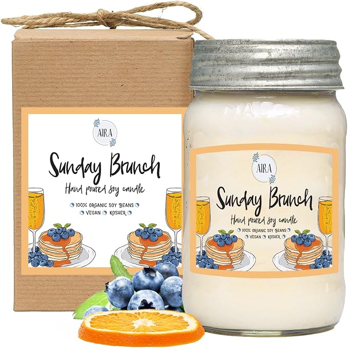 Aira Soy Candles - Organic, Kosher, Vegan, in Mason Jar w/Therapeutic Grade Essential Oil Blends - Hand-Poured 100% Soy Candle Wax - Paraffin Free, Burns 110+ Hours - Sunday Brunch -16 Ounces